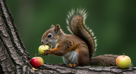 Squirrel Collecting Apples Under A Tree