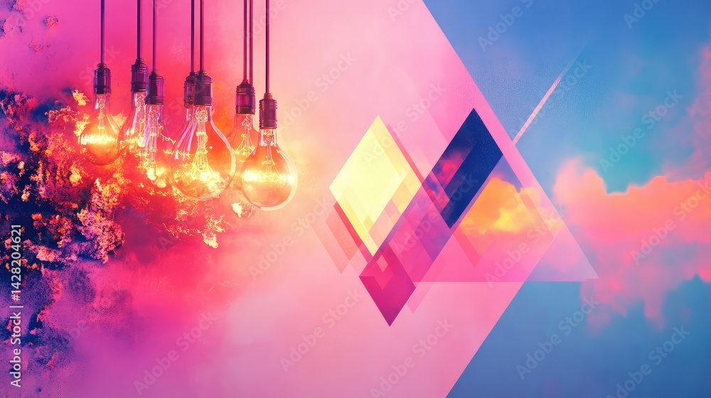 Poster light bulbs glowing with triangular rays on abstract minimalistic background