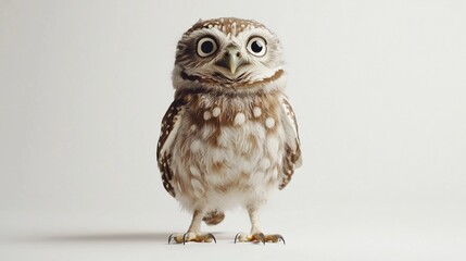 Obraz premium An owl standing upright in bright natural daylight with white background and no shadows, eyes wide open, feathers soft and fluffy concept of wisdom without darkness.