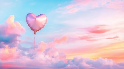 Fototapeta premium Pastel-toned sky with delicate heart balloon rising above clouds