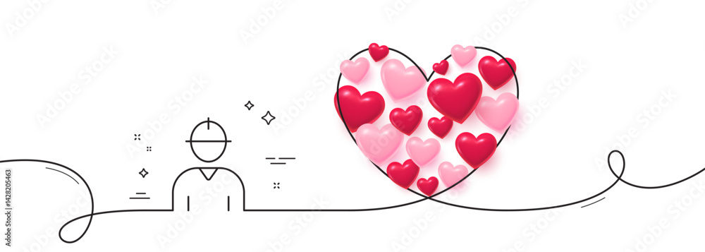 Poster worker line icon. continuous line big heart. engineer profile sign. male person silhouette symbol. 3