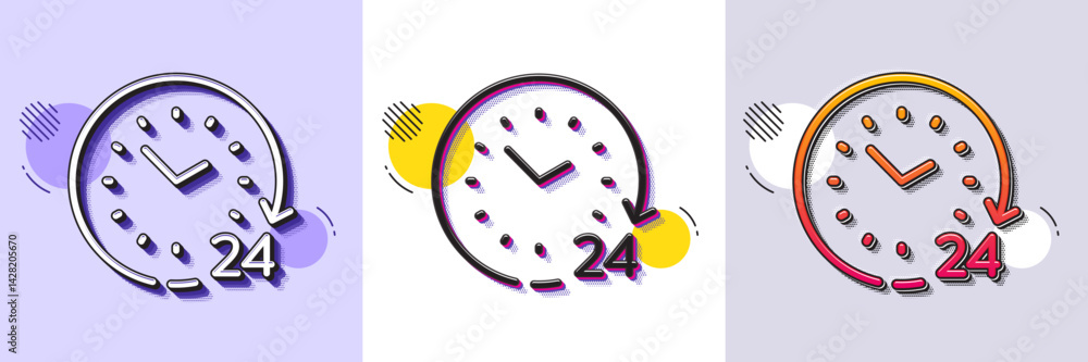 Poster 24 hours time line icon. halftone dotted pattern. gradient icon with grain shadow. clock sign. watch