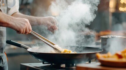 Chef skillfully using tongs to stir sizzling food in a wok at a vibrant summer market, with steam rising from the pan while preparing a mouthwatering meal for eager customers