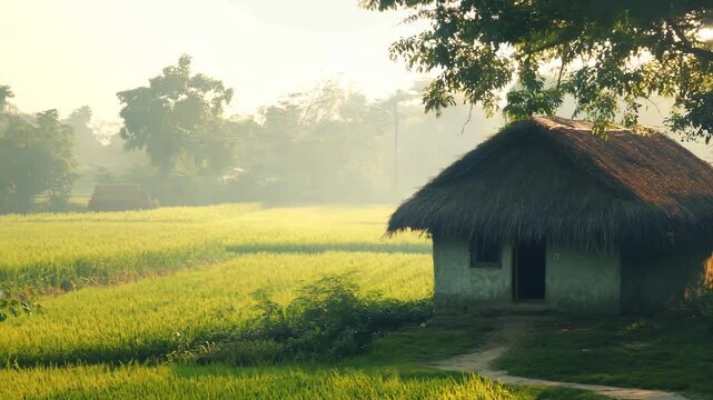 A traditional thatched-roof hut stands quietly amidst lush green fields, bathed in soft morning sunlight and surrounded by trees, evoking a serene and rustic village atmosphere.