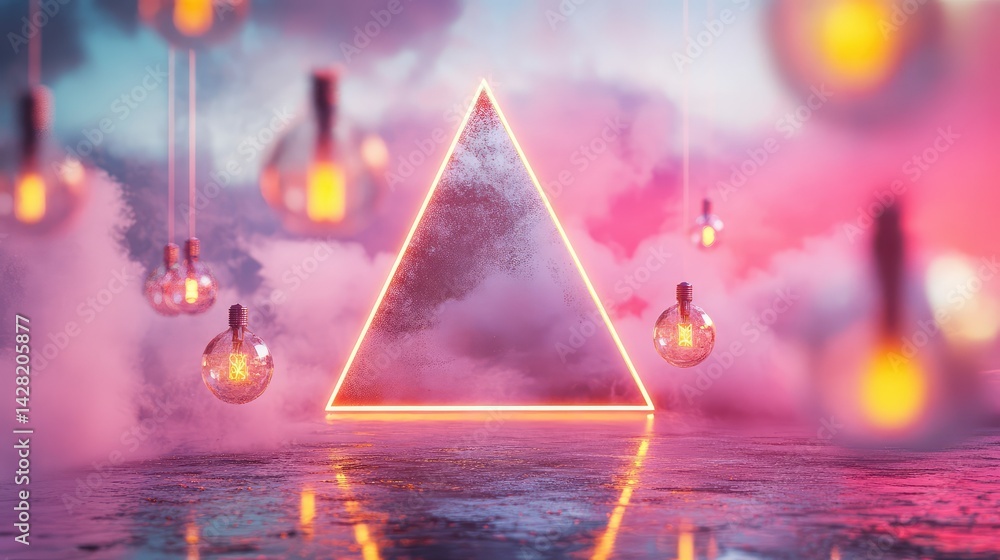Poster triangle-themed composition with illuminated bulbs in futuristic setting