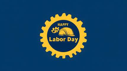 Simple Flat Logo Design with Yellow Gear Wheel and Construction Helmet. Happy Labor Day in White Lettering on Dark Blue Background.