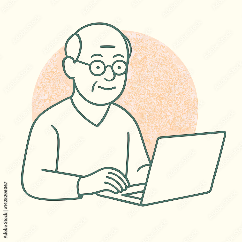Poster senior man smiling while using a laptop against a soft background