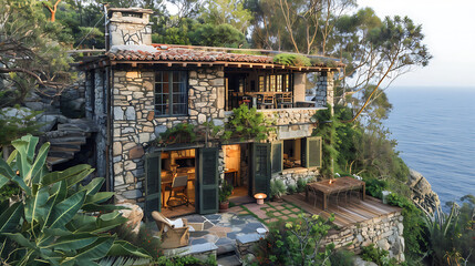 Luxury houses along Italian coast offer a breathtaking panoramic view of sparkling Mediterranean Sea, with warm sun casting a golden glow during a tranquil summer sunset, creating an idyllic and seren