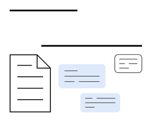 Document surrounded by text boxes and lines, representing data sharing, feedback, collaboration, and organization. Ideal for workflow, teamwork, editing, reporting planning communication flat