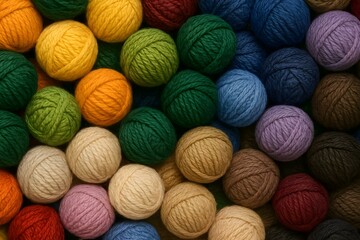Colorful balls of yarn in various shades arranged closely together, showcasing a vibrant and diverse palette. Concept Yarn Color Palette, Textures and Patterns, Crafting Inspiration