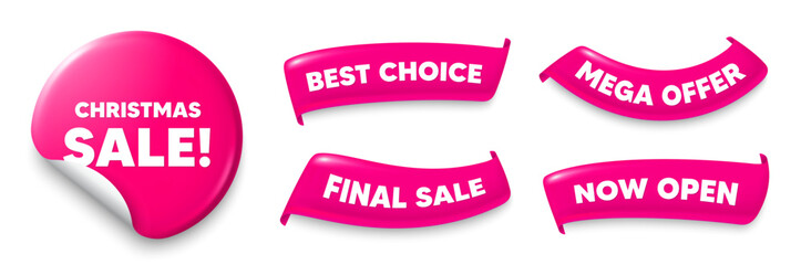 Christmas sale sticker, Sale offer ribbons. Best choice, Now open. Christmas Sale tag. Special offer price sign. Advertising Discounts symbol. Pink sticker tag. Flag ribbon banners. Vector