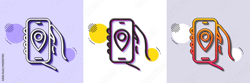 Poster location app line icon. halftone dotted pattern. gradient icon with grain shadow. hand hold phone si