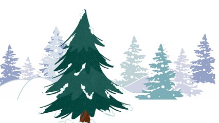 Fototapeta premium Beautiful winter illustration with snow-covered trees, frosty landscape, and cold atmosphere on white background.