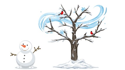 Beautiful winter illustration with snow-covered trees, frosty landscape, and cold atmosphere on white background.