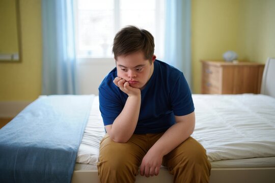 Young pensive man with down syndrome siting on his bed at home.