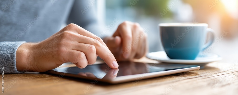 Poster coworking space remote work collaboration concept. a person interacts with a tablet while enjoying a