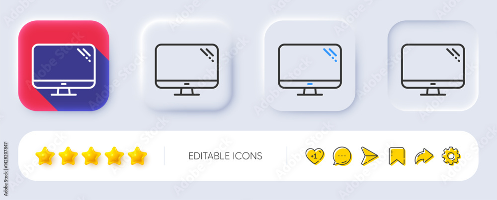 Poster computer line icon. neumorphic, flat shadow, 3d buttons. pc component sign. monitor symbol. line com