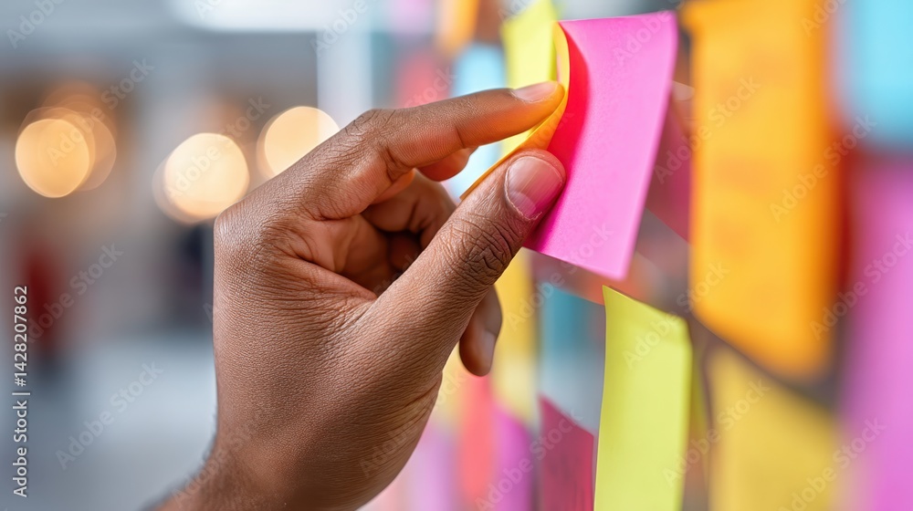 Poster coworking space remote work collaboration concept. a close-up of a hand placing a colorful sticky no
