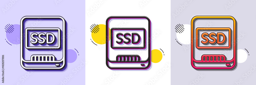 Poster ssd line icon. halftone dotted pattern. gradient icon with grain shadow. computer memory component s