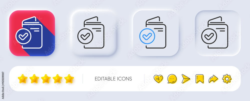 Poster verification document line icon. neumorphic, flat shadow, 3d buttons. accepted passport sign. approv