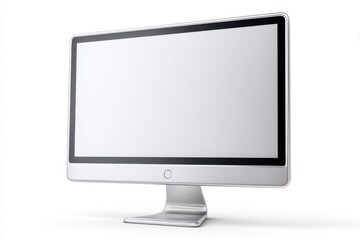 Fototapeta premium Coworking space remote work collaboration concept. A sleek, modern computer monitor displayed against a plain backdrop, emphasizing its minimalist design and clear screen.