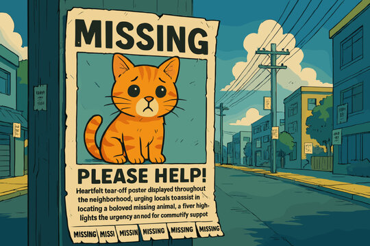 Missing Cat Poster Urging Community Help in a City Setting  