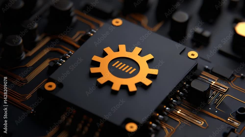 Aufkleber close-up of a circuit board with gear symbol on a processor for technology and innovation themes