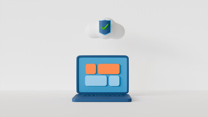 3d laptop and cloud storage and security sign on white background, technology