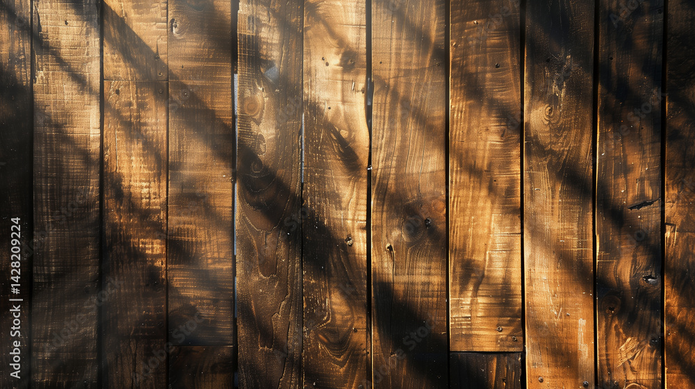 Poster Wooden texture table surface top view with sunlight beams and shadows copy space mock up
