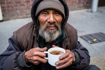 Old homeless man with grey beard holding a mug of hot tea to warm himself.