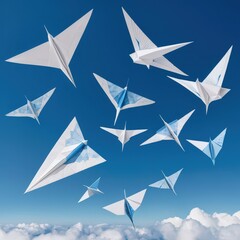 Obraz premium A vibrant group of colorful paper airplanes soars gracefully through a bright blue sky, their delicate wings catching the sunlight as they glide.