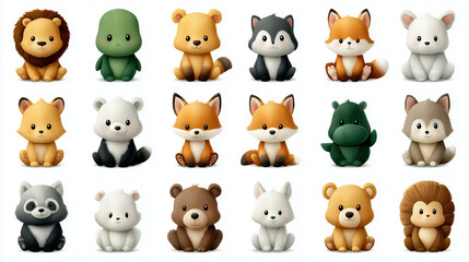 Grid of cute 3d baby animal icons on white background

