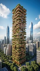 Obraz premium A modern skyscraper featuring a lush rooftop garden adorned with vibrant green plants, creating a striking contrast against the urban skyline.