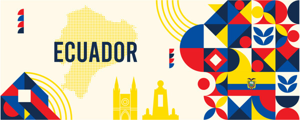 Ecuador national vector banner featuring the flag, dotted map, landmarks, and geometric pattern design