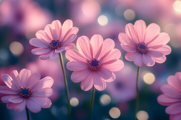 Delicate pink flowers stand tall in a serene garden setting, illuminated by soft sunlight. The intricate petals and lush greenery create a tranquil atmosphere of spring