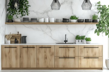 Obraz premium Modern kitchen with marble backsplash and wooden cabinets. Open shelving displays dishes and plants