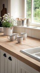 Scandinavian farmhouse kitchen with handmade ceramic mugs and pale wood countertops