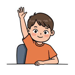 Happy child raising hand at desk against white background  