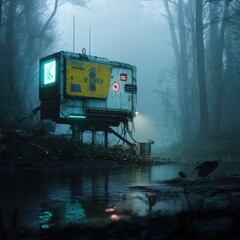 Futuristic mobile unit in misty forest