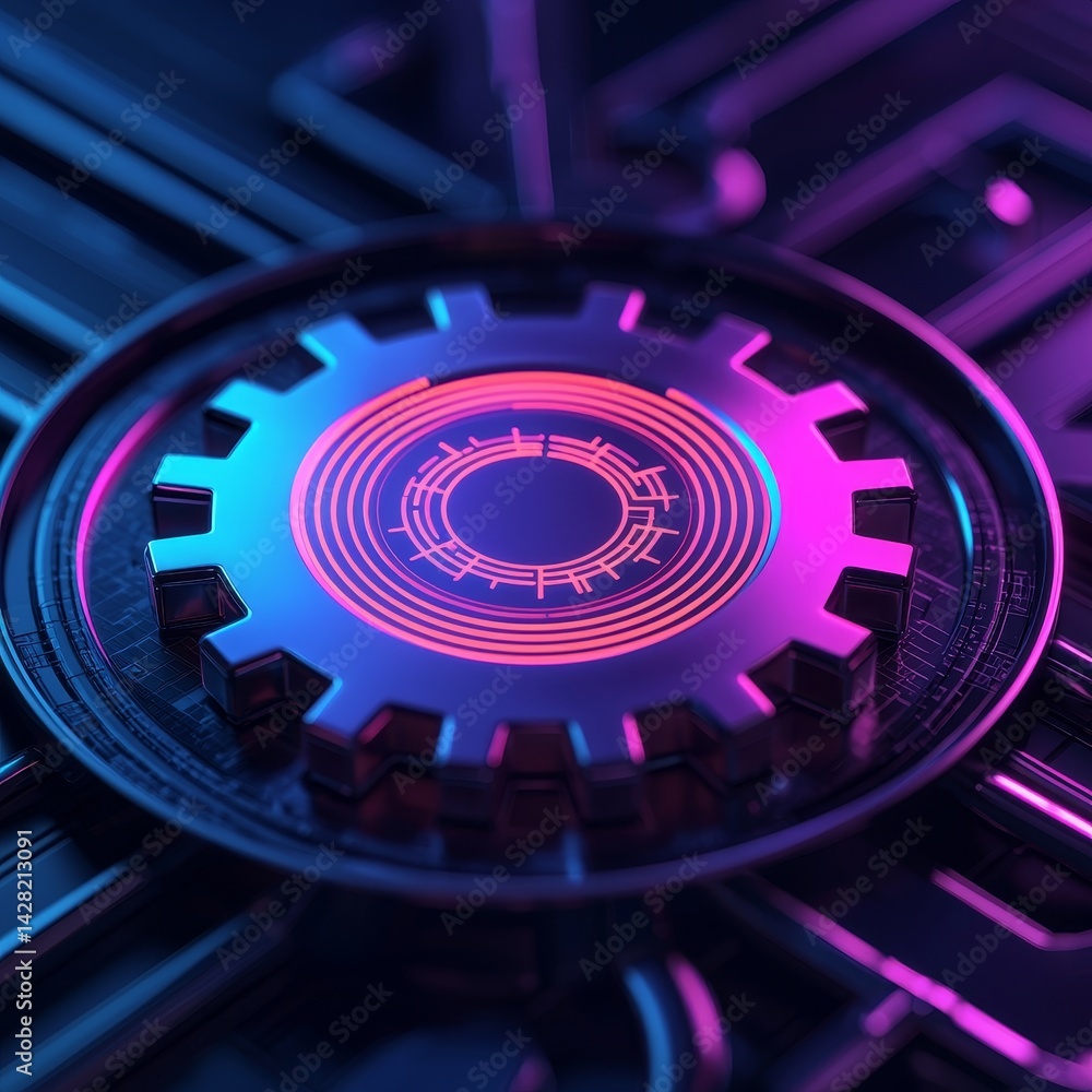 Poster futuristic gear design with glowing circuit patterns.