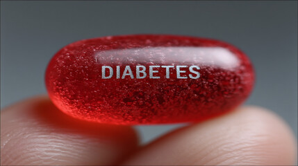Diabetes Medication Concept: hand Holding Red Pill with Text DIABETES