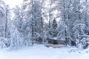A partially frozen winter stream in Sweden at sunset, enveloped in thick layers of snow blanketing the ground and trees.