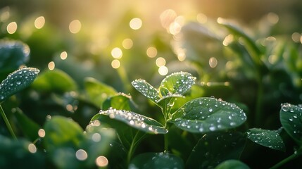 Vibrant Green Dew Drops on Lush Leaves Sunlight Nature Photography Background Fresh Spring Plants wet life pure water macro rural field clean image