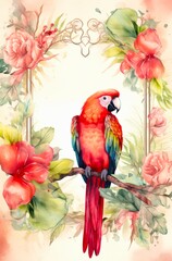 Vibrant scarlet macaw on a tropical branch with floral background.