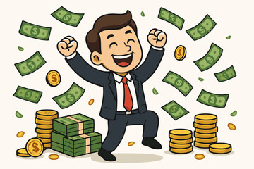 Jubilant Businessman Celebrating Financial Success with Money Rain, Dollar Bills, and Gold Coins - Vector Illustration for Wealth, Achievement, and Business Victory Concept