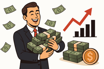 Wealthy businessman celebrating financial success, holding stacks of cash with rising profit chart arrow. Retro cartoon vector illustration showing investment earnings and growth.