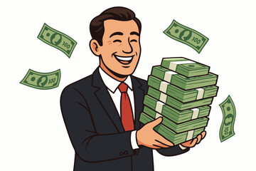 Successful Businessman Holding Large Stack of Dollar Bills Vector Illustration, Retro Style Cartoon Character with Money, Financial Wealth Symbol for Finance Success, Corporate Achievement