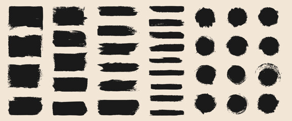 Vector illustration. Grunge ink banners set. Backgrounds for text. Black paint brush stroke. Geometric elements for design poster, cover, invitation, gift card, flyer, social media post, template