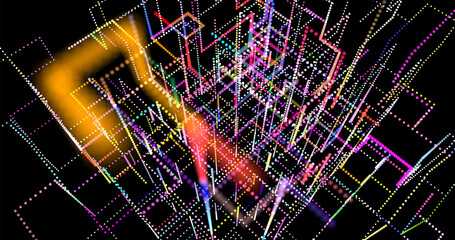 3D abstraction with cubes symbolizing quantum computing, blockchain and server technologies. Futuristic design reflecting big data processing and artificial intelligence.