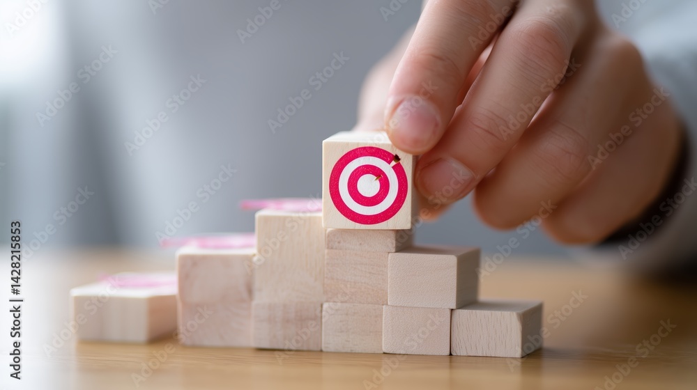 Poster hand placing target block on wooden stack to symbolize goal achievement in project management